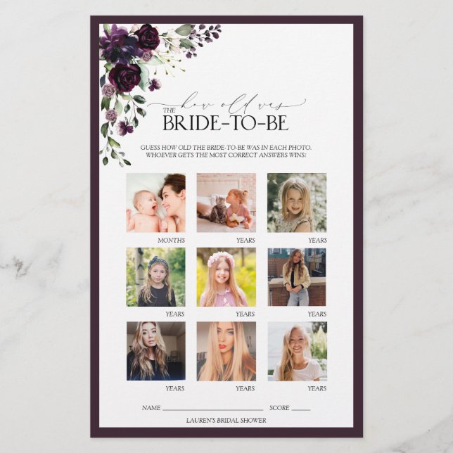 梅紫色の水彩フローラブライダルシャワーゲーム (正面)