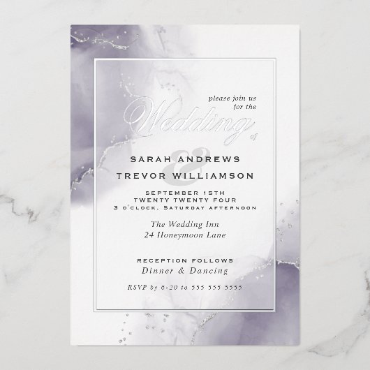 梅結婚銀淡い色の抽象芸術 箔招待状 (正面)