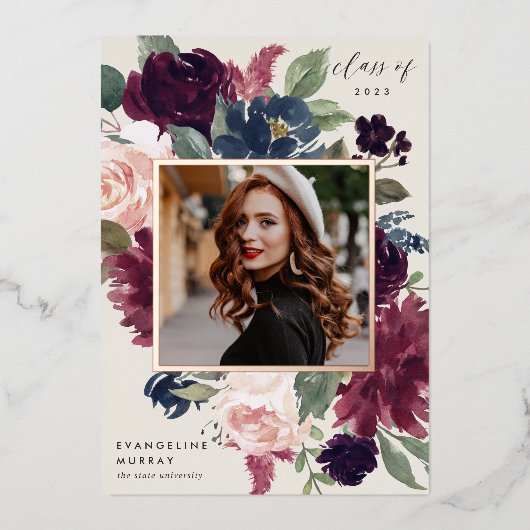 梅花箔の写真卒業発表 箔招待状 (正面)