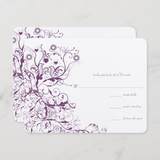 梅鳥と渦巻きウェディングRSVP応答カード 出欠カード (正面/裏面)