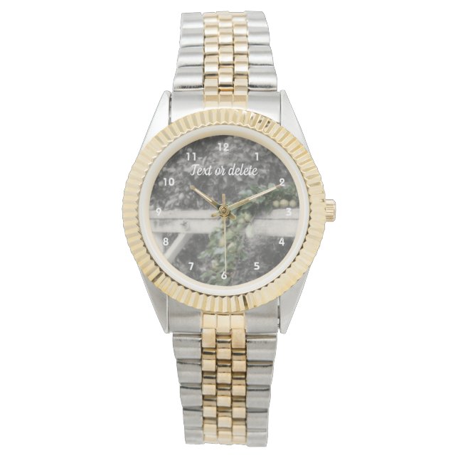 梨とヒッチングポスト白黒 パーソナライズされた 腕時計 (正面)