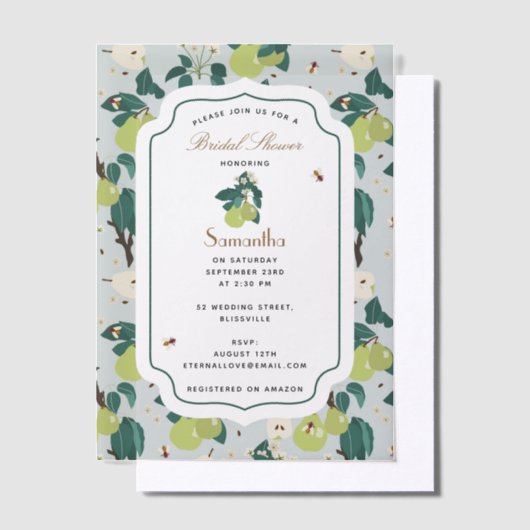梨と蜂の植物園の花の庭でのブライダルシャワー ベラム紙招待状 (オフセット)