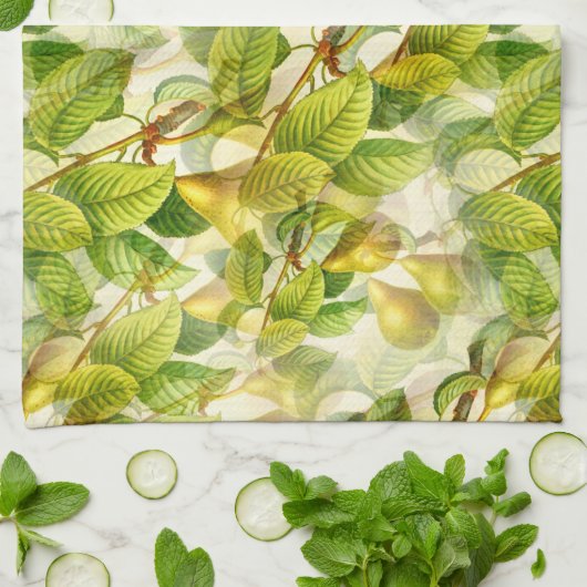 梨の木の枝と梨のパターン キッチンタオル (折り畳み)