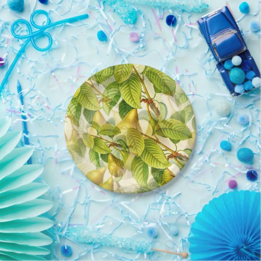 梨の木の枝と梨の模様  ペーパープレート (パーティー)