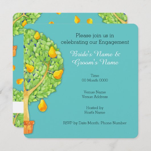 梨ツリーティール(緑がかった色)スクエア婚約招待状 招待状 (正面/裏面)