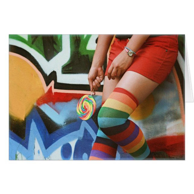 棒つきキャンデーおよび虹-空白のなカード (正面横)