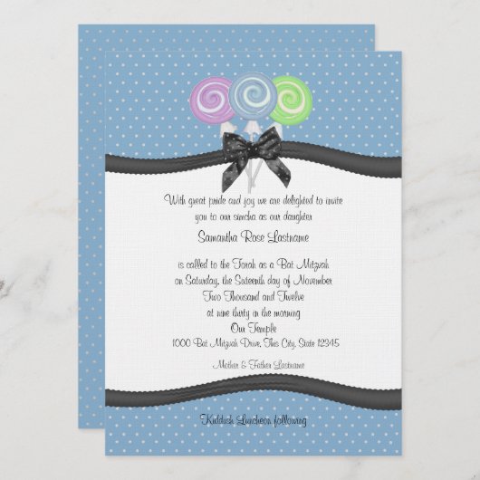 棒つきキャンデーと水玉模様パーティー 招待状 (正面/裏面)