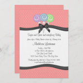 棒つきキャンデーと水玉模様ベビーシャワー 招待状 (正面/裏面)