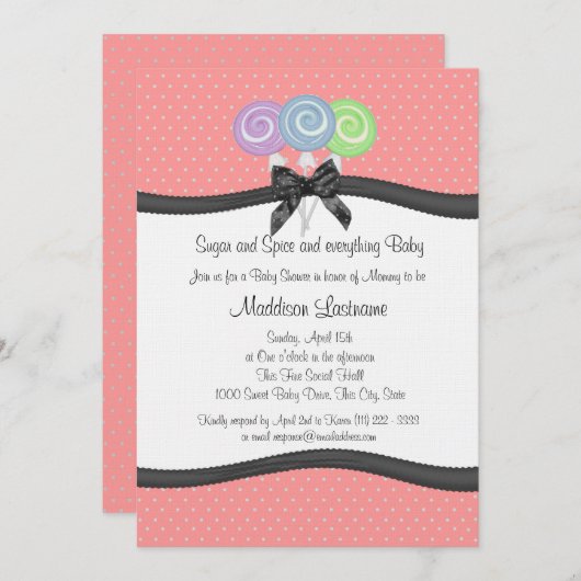 棒つきキャンデーと水玉模様ベビーシャワー 招待状 (正面/裏面)