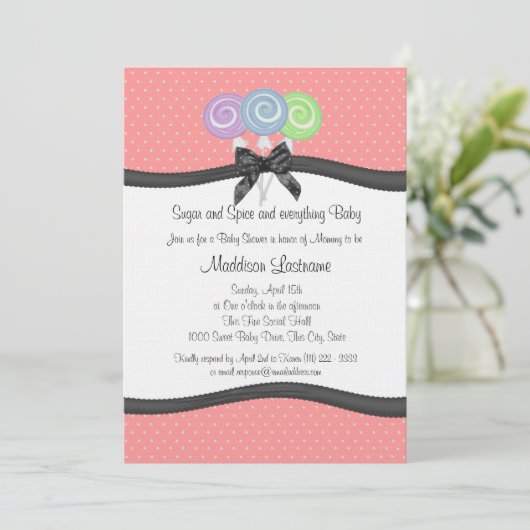 棒つきキャンデーと水玉模様ベビーシャワー 招待状 (スタンド正面)