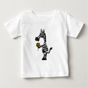 棒つきキャンデーのベビーの用品類を持つBB-のファンキーなシマウマ ベビーTシャツ
