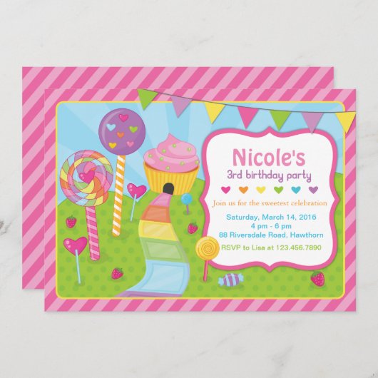 棒つきキャンデーの招待状/Candylandの招待状 招待状 (正面/裏面)