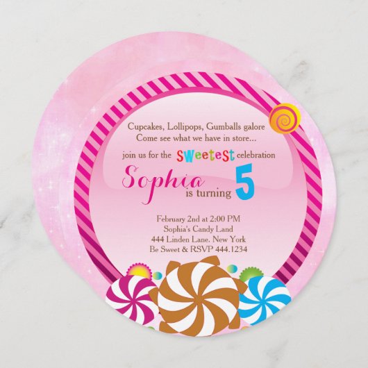 棒つきキャンデーの招待状- CandyLandの招待状 招待状 (正面/裏面)