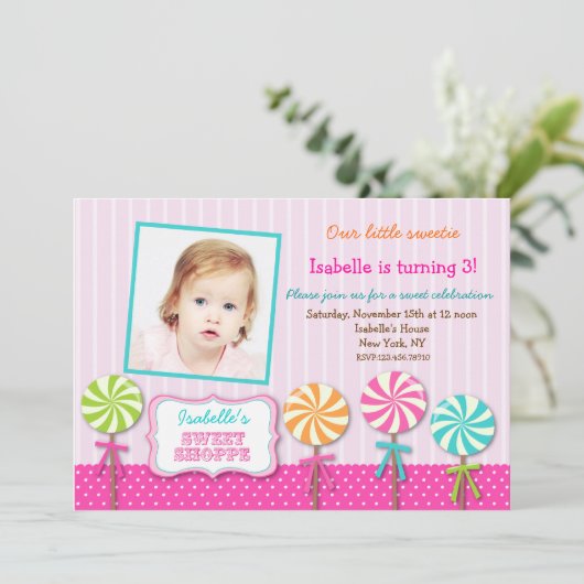 棒つきキャンデーの甘い専門店の写真の誕生日の招待状 招待状 (スタンド正面)