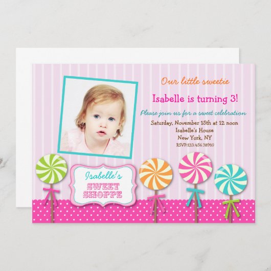 棒つきキャンデーの甘い専門店の写真の誕生日の招待状 招待状 (正面/裏面)