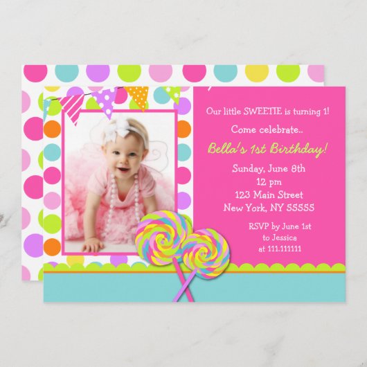 棒つきキャンデーの甘い専門店の誕生日のパーティの招待状 招待状 (正面/裏面)