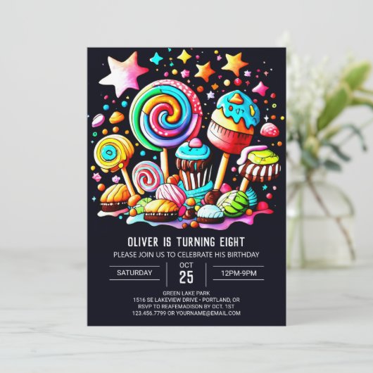 棒つきキャンデーカラフルワンダーランド誕生日 招待状 (スタンド正面)