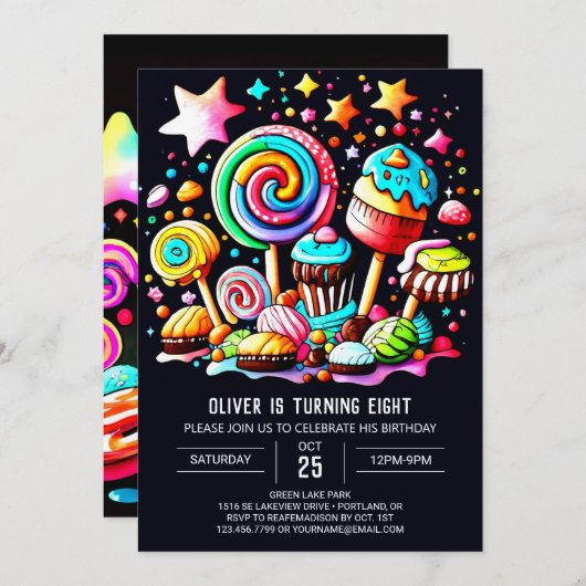 棒つきキャンデーカラフルワンダーランド誕生日 招待状 (正面/裏面)