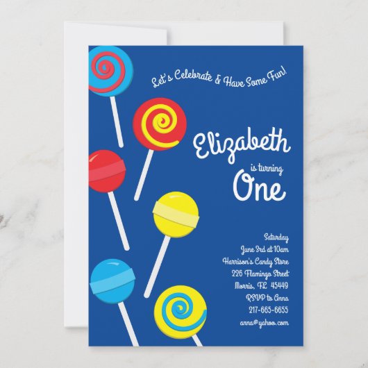 棒つきキャンデーキャンディキッズ1歳の誕生日パーティー 招待状 (正面)