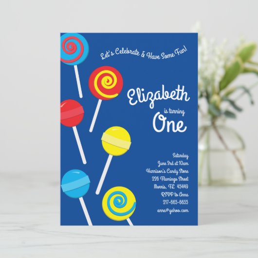 棒つきキャンデーキャンディキッズ1歳の誕生日パーティー 招待状 (スタンド正面)