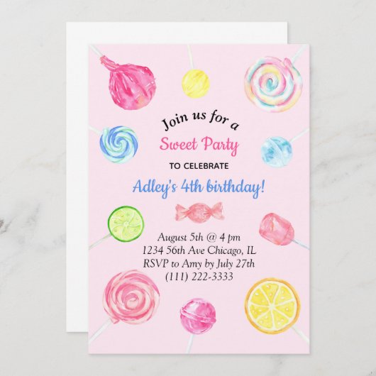棒つきキャンデーキャンディスウィートガール誕生日 招待状 (正面/裏面)