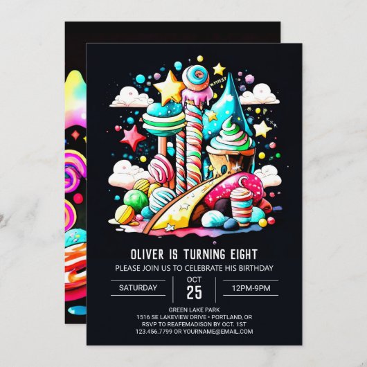 棒つきキャンデーキャンディファンタジー誕生日 招待状 (正面/裏面)