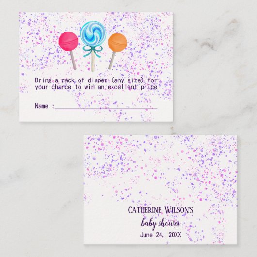 棒つきキャンデーキャンディランドベビーシャワーおむつラッフル エンクロージャーカード (正面/裏面)