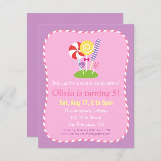 棒つきキャンデーキャンディーをテーマにした誕生日パーティー 招待状 (正面/裏面)