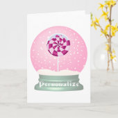 棒つきキャンデースノードームかわいいピンクの女の子の冬 カード (黄色い花)