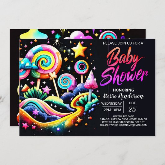 棒つきキャンデーファンタジーベビーシャワー 招待状 (正面/裏面)