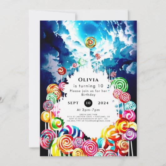 棒つきキャンデーボホキャンディランド誕生日 招待状 (正面)