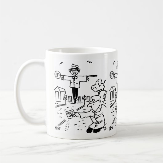 棒つきキャンデーマンが棒つきキャンデーを使ってかかしを コーヒーマグカップ (左)