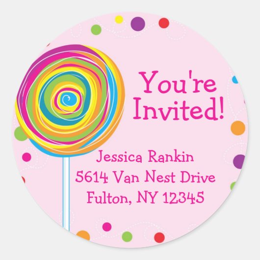 棒つきキャンデーラウンドステッカー糖質キャンディキャンディランドピンク ラウンドシール (正面)