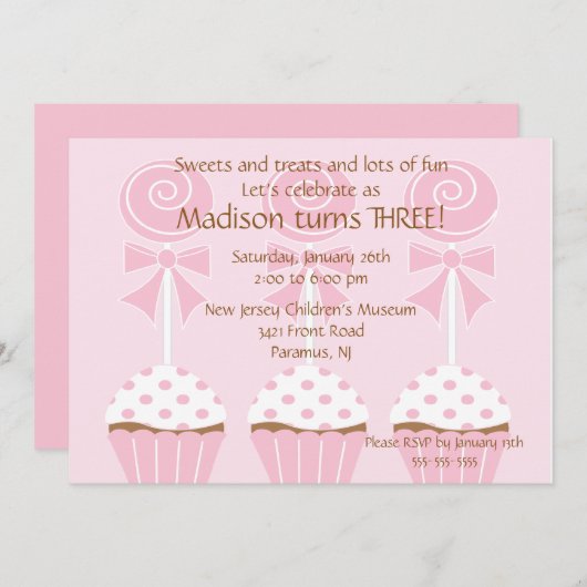 棒つきキャンデー及びカップケーキの誕生日の招待状 招待状 (正面/裏面)