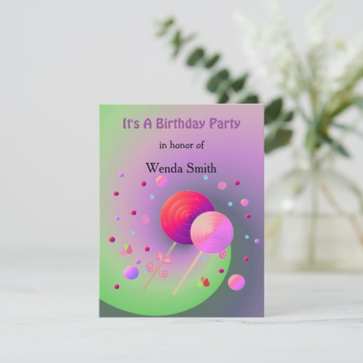棒つきキャンデー&スイーツ誕生日招待状 招待状 (スタンド正面)