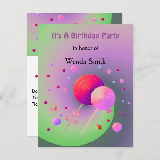 棒つきキャンデー&スイーツ誕生日招待状 招待状 (正面/裏面)