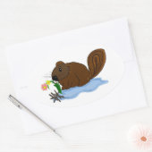 棒と花のビーバー 楕円形シール (封筒)