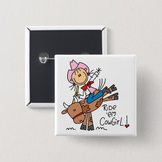 棒の女の子の乗車Emの女性のカーボーイのTシャツおよびギフト 缶バッジ (正面&裏面)