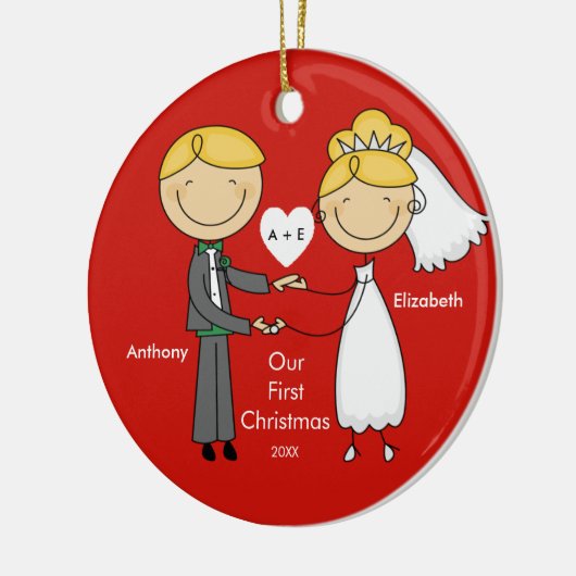棒の姿のカップル私達の初めてのクリスマスのオーナメント セラミックオーナメント (左)