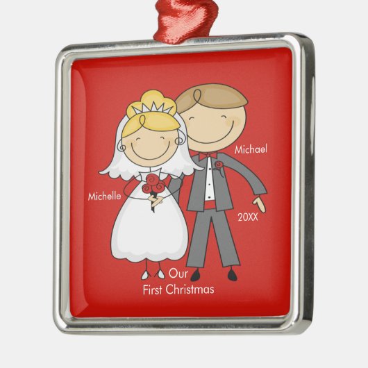 棒の姿のカップル私達の初めてのクリスマスのオーナメント メタルオーナメント (左)