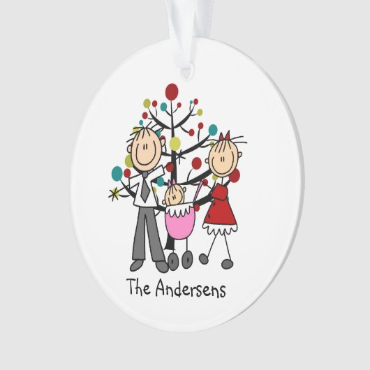 棒の姿のパパ、お母さん、女の赤ちゃんのアクリルのオーナメント オーナメント (正面)