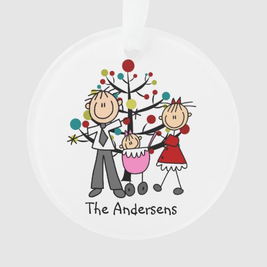 棒の姿のパパ、お母さん、女の赤ちゃんのアクリルのオーナメント オーナメント (正面)