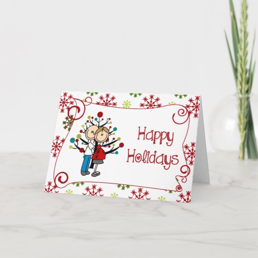 棒の姿の予期しているカップルのクリスマスの休日 シーズンカード (正面)