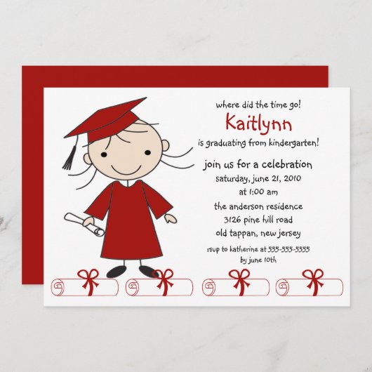 棒の姿の女の子の卒業の招待状 招待状 (正面/裏面)