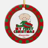 棒の姿の男の子のベビーの初めてのクリスマスのオーナメント セラミックオーナメント (正面)