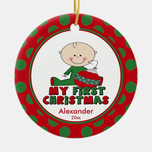 棒の姿の男の子のベビーの初めてのクリスマスのオーナメント セラミックオーナメント (正面)
