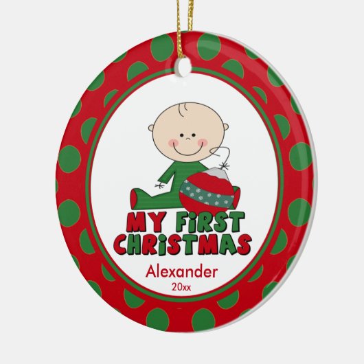 棒の姿の男の子のベビーの初めてのクリスマスのオーナメント セラミックオーナメント (左)