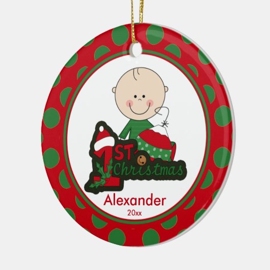 棒の姿の男の子のベビーの初めてのクリスマスのオーナメント セラミックオーナメント (左)