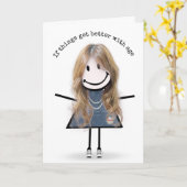 棒人間ガールの誕生日ユーモア カード (黄色い花)