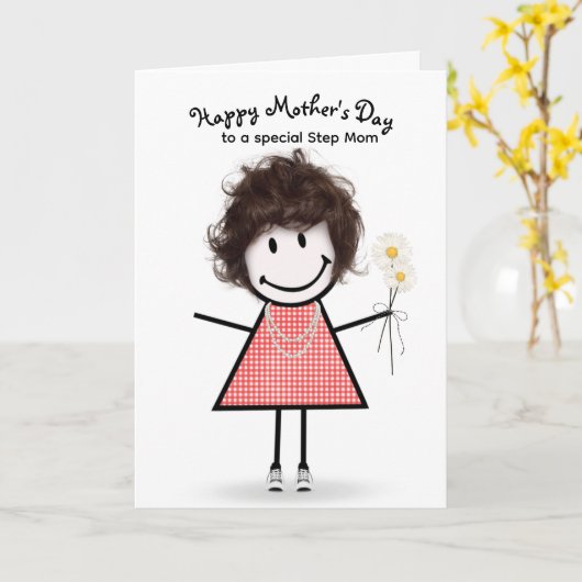 棒人間女子のステップママへの母の日 カード (黄色い花)
